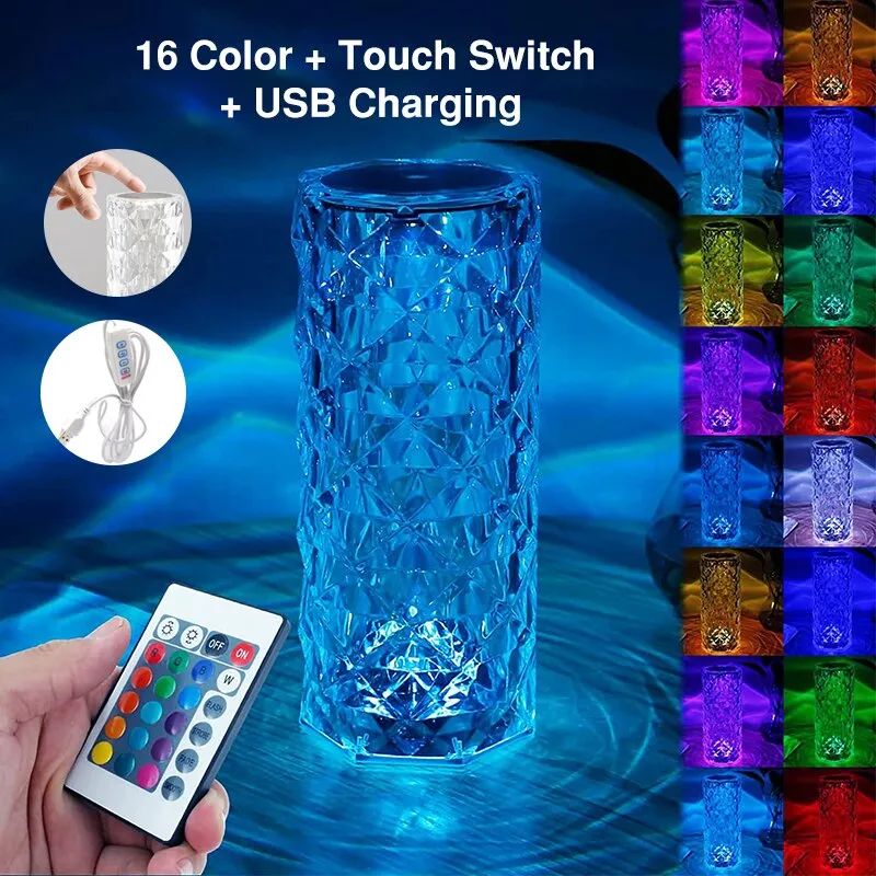 16-Color LED Crystal Touch Lamp – USB Rechargeable Bedside & Room Decor Light