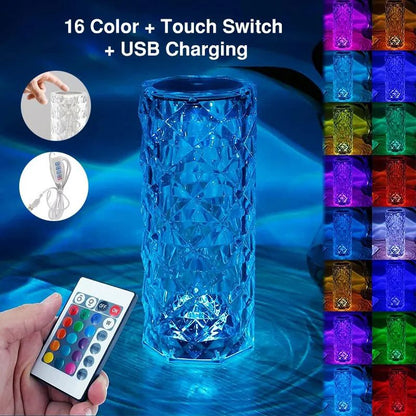 16-Color LED Crystal Touch Lamp – USB Rechargeable Bedside & Room Decor Light