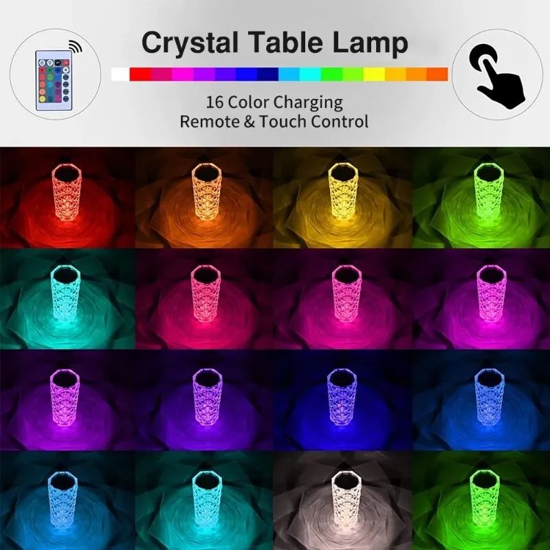 16-Color LED Crystal Touch Lamp – USB Rechargeable Bedside & Room Decor Light